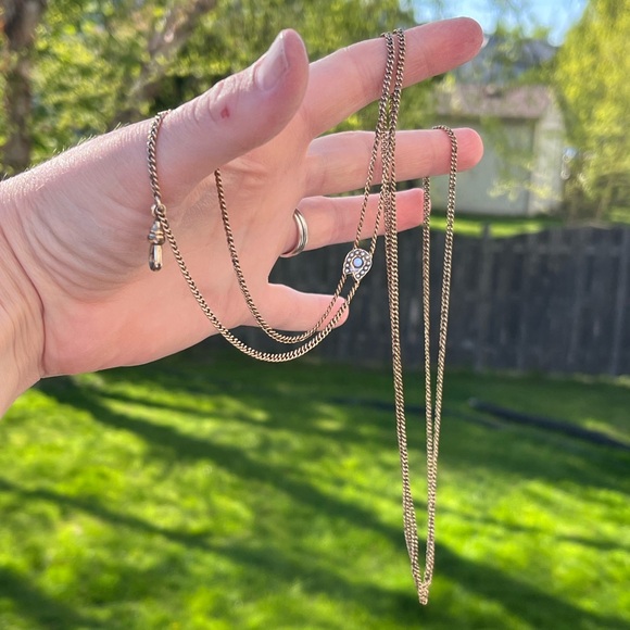 Vintage Jewelry - Vintage Gold Filled Curb Watch Chain with Horseshoe Opal Slide Charm- 24”